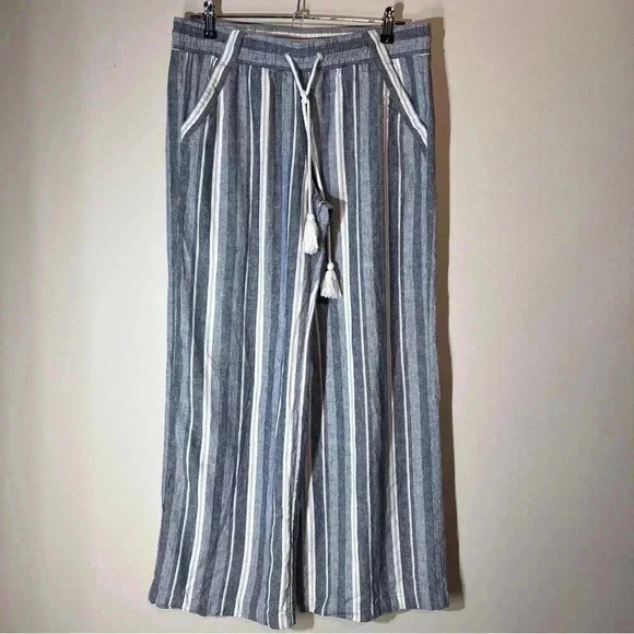 Jolt Women's Beach Boho Pants Linen Bland Wide Leg Blue White Stripe Size Large - Picture 1 of 8